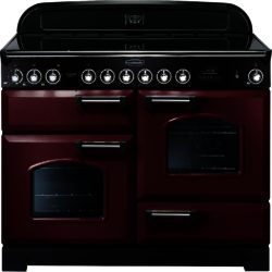 Rangemaster Classic Deluxe 110cm Electric Ceramic 84450 Range Cooker in Cranberry with Brass Trim and Ceramic Hob